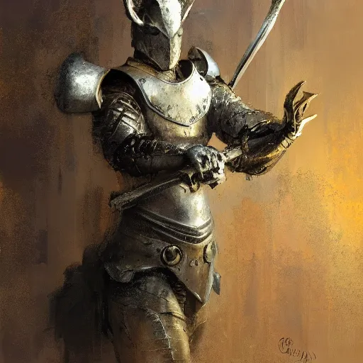 Image similar to portrait of a deer as a mighty warrior wearing silver armor, holding sword, by craig mullins, jeremy mann.