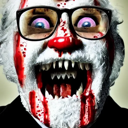 Prompt: horror film poster. crazy colonel sanders with sharp teeth. holding fried chicken. blood splatter background realistic.