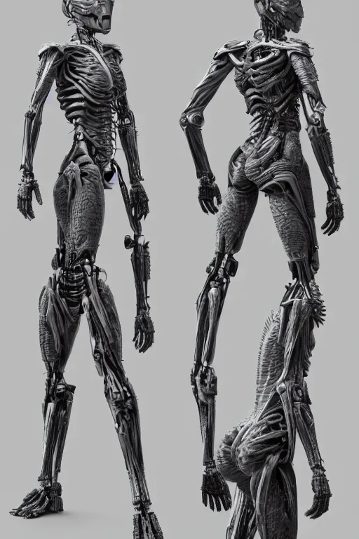 Image similar to a female transformer with gunmetal grey skin, medical anatomy, very symmetrical face, highly detailed, three - perspective / three - view reference sheet ( front / back / side ), in the style of vitaly bulgarov, steven jung, matt tkocz, amanda lilleston, hr giger, mecha, artstation, unreal engine