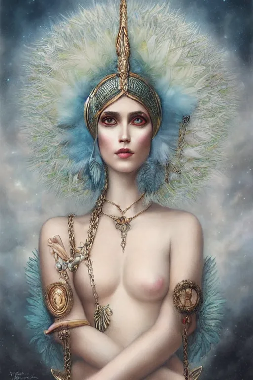 Prompt: portrait of the goddess astarte by tom bagshaw, realistic oil painting, clothed in feathers