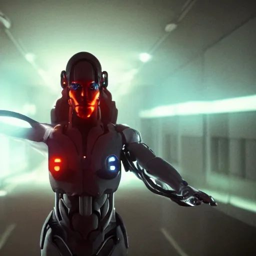 Image similar to movie still of cyborg with glowing third eye, cinematic composition, cinematic light, criterion collection, by square enix