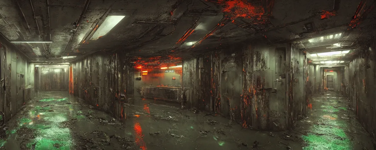 Image similar to Film still of a dimly lit corridor on an alien space ship, dark matte metal, floor grills, ventilation shafts, dusty, orange and red lighting, burning fire, water dripping, puddles, wet floor, rust, decay, green vines, overgrown, tropical, tilted camera angle, wide-angle lens vanishing point, year 3000, Cinestill colour cinematography, anamorphic