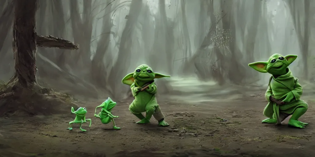 Prompt: Baby Yoda chasing after Kermit the frog, Greg Rutkowski, Darek Zabrocki, Karlkka, Jayison Devadas, Phuoc Quan, trending on Artstation, 8K, ultra wide angle, pincushion lens effect.