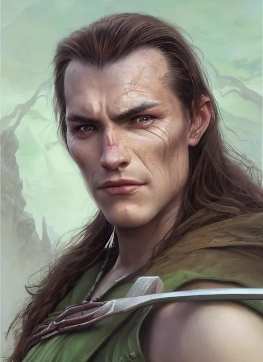 Image similar to a warrior in his twenties smirking deceitfully with long light brown hair tied back, light green eyes, a large forehead, a widows peak and a round face with high cheekbones and full lips as a realistic d & d fantasy character, portrait art by donato giancola and greg rutkowski, vintage retro, realistic face, digital art, trending on artstation