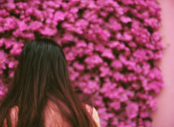 Image similar to extra close-up, color film photography, the back of a woman\'s head with interwoven flowers against a pink wall, daylight, 35mm