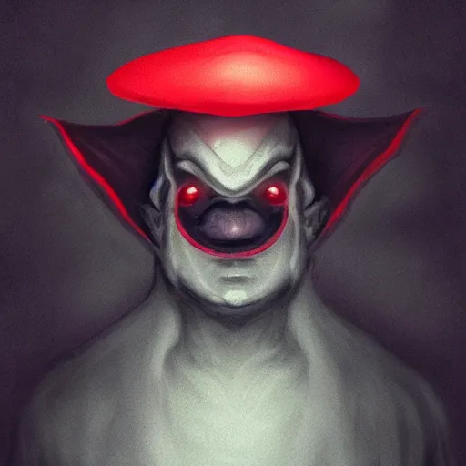 Image similar to dark lord looking into the camera, red glowing eyes, wearing black robe, happy, wearing mushroom hat, colorful, artstation