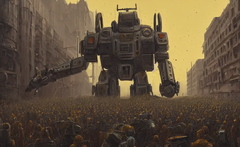 Image similar to an intricate matte painting of a giant armored plated metal mecha, crowd of people, by simon stalenhag, rust, yellow and black trim, trending on artstation, hdr, 8 k