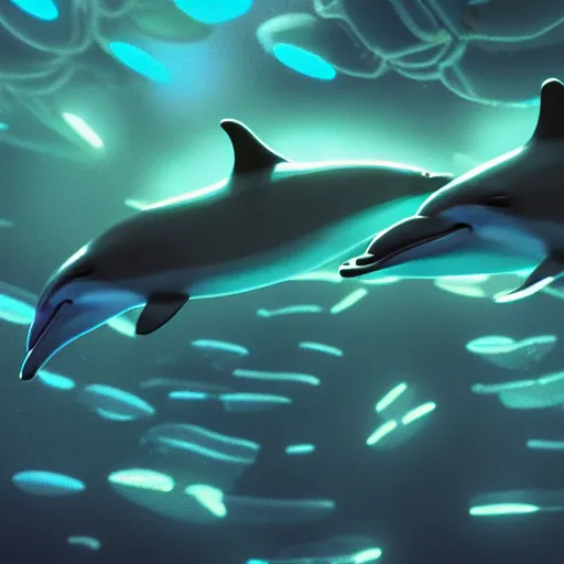 Image similar to dolphins swimming in bioluminescence, photorealistic, pixar, octane render, disney, soft