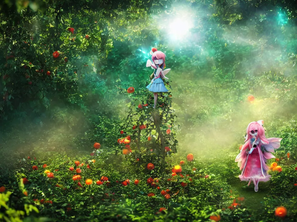 Prompt: cute fumo plush girl among vines in the middle of a lush rose garden, glowing ethereal gothic magical wraith fairy girl, tattered green dress, smoke and orange volumetric fog, blue sky sunshine lens flare, bokeh, vray