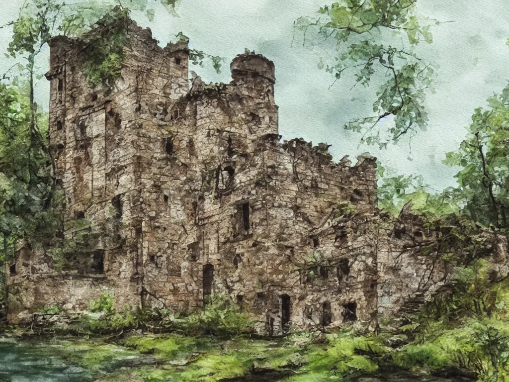 Image similar to A water painting of a dilapidated ancient castle building in the wood