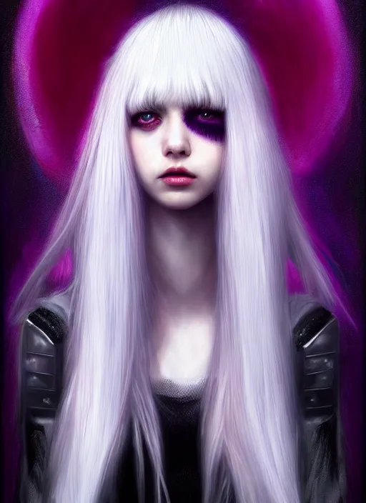 Image similar to hair whitebangs hair, black cyberlox, portrait of normal teenage girl, white bangs, messy bangs, fluffy bangs, cyberlox, whitebangs, red irises, purple background, intricate, elegant, highly detailed, digital painting, artstation, concept art, sharp focus, smooth, illustration, art by wlop, mars ravelo and greg rutkowski