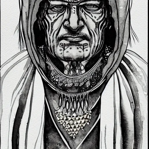 Image similar to a 3 / 4 view watercolor ink painting of old shaman his burns from the inside out, old mexican magician closes eyes, gray haired, in the style of jean giraud in the style of moebius trending on artstation deviantart pinterest detailed realistic hd 8 k high resolution