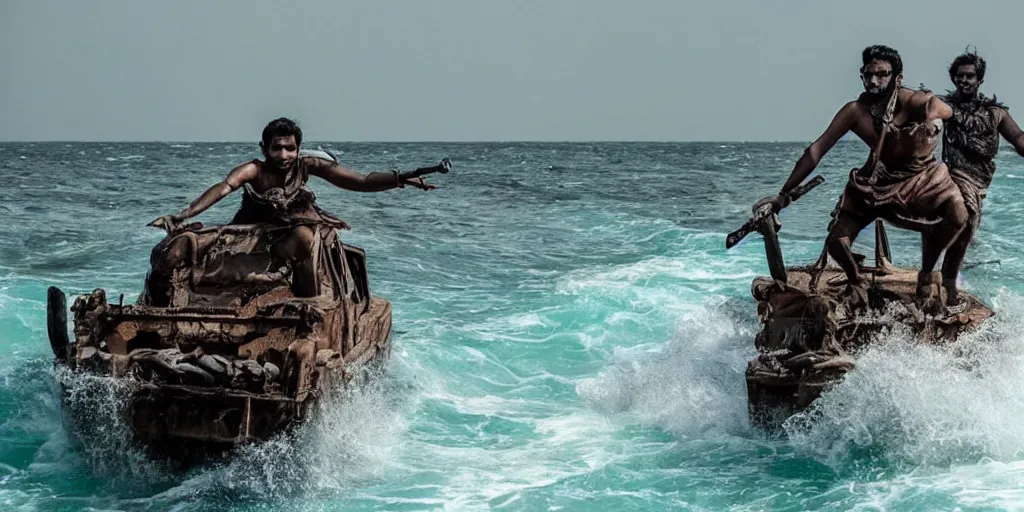 Image similar to sri lankan mad max style, ocean, driving a boat, film still, epic shot cinematography, rule of thirds