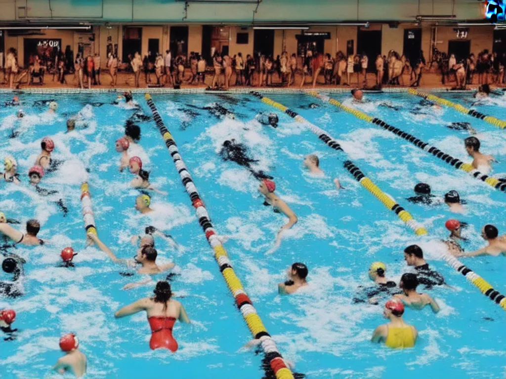 Image similar to a perfect photograph of a train crashing through a crowded swimming pool. sponsored by nike