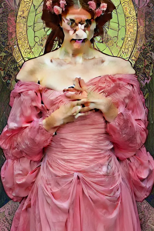 Image similar to beautiful girl in an pink wedding dress, symmetrical full body portrait by Donato Giancola, Alphonse Mucha, Artgerm and William Bouguereau, digital art, ,character concept, Epic, photorealism presented in artstation hyperrealism, award winning artwork,, high quality print, fine art with subtle redshift rendering