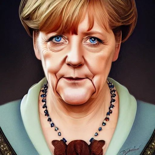 Image similar to Portrait of Angela Merkel !with beard!, D&D, blue eyes, face, dark fantasy, intricate, elegant, highly detailed, digital painting, artstation, concept art, smooth, sharp focus, illustration, art by artgerm and greg rutkowski and alphonse mucha