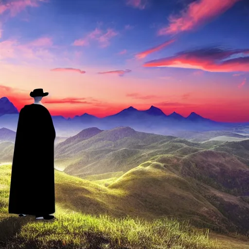 Image similar to man with a black cape on a hill mountains in background sunrise, realistic, detailed