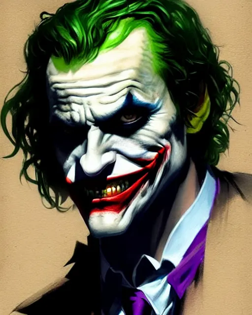 Image similar to character full body portrait of the joker | | realistic shaded, unpleasant face, bad looking, fine details, realistic shaded lighting poster by greg rutkowski, magali villeneuve, artgerm, jeremy lipkin and michael garmash and rob rey