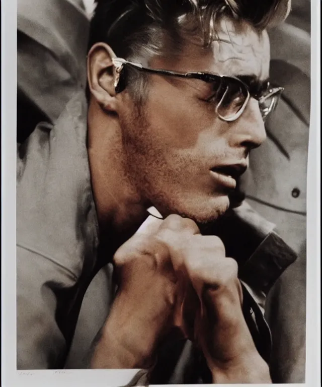 Image similar to a color photograph of james dean, by thomas ruff, platinum blond, intense, bold, exaggerated, overblown, ultra sharp, extra details, ultra high quality, trending on pinteresst