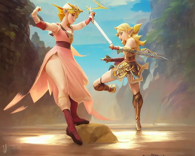 Image similar to princess zelda fighting princess princess peach, action scene, elegant, highly detailed, digital painting, artstation, concept art, matte, sharp focus, illustration, art by artgerm and greg rutkowski and alphonse mucha