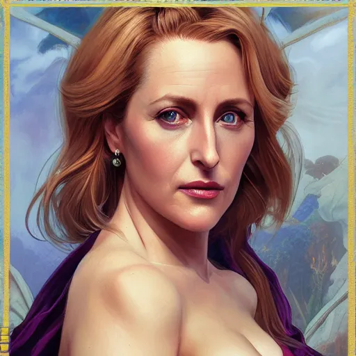 Image similar to gillian anderson, d & d, fantasy, intricate, elegant, highly detailed, digital painting, artstation, concept art, matte, sharp focus, illustration, hearthstone, art by artgerm and greg rutkowski and alphonse mucha