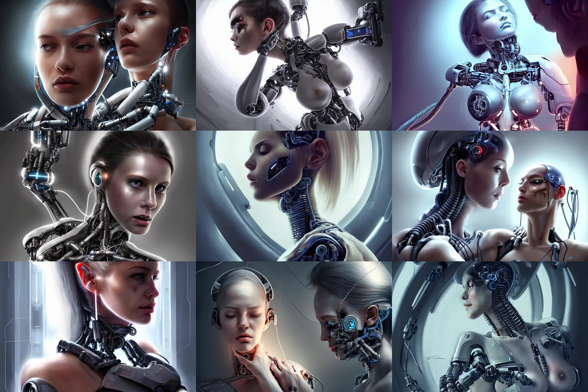 Prompt: Ultra realistic illustration, incredibly beautiful damaged female cyborg being repaired in a futuristic super advanced military medical bay with thick power cables hanging from ceiling, beautiful face, voluptuous body, cyberpunk, sci-fi, fantasy, intricate, elegant, highly detailed, digital painting, artstation, concept art, smooth, sharp focus, illustration, dramatic lighting, art by artgerm and greg rutkowski and alphonse mucha