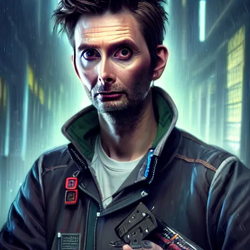 Image similar to portrait painting of a cyberpunk mechanic david tennant, ultra realistic, concept art, intricate details, eerie, highly detailed, photorealistic, octane render, 8 k, unreal engine. art by artgerm and greg rutkowski and charlie bowater and magali villeneuve and alphonse mucha