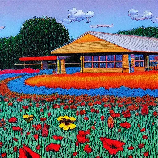 Prompt: a beautiful painting of a convenience store in a field of flowers by moebius