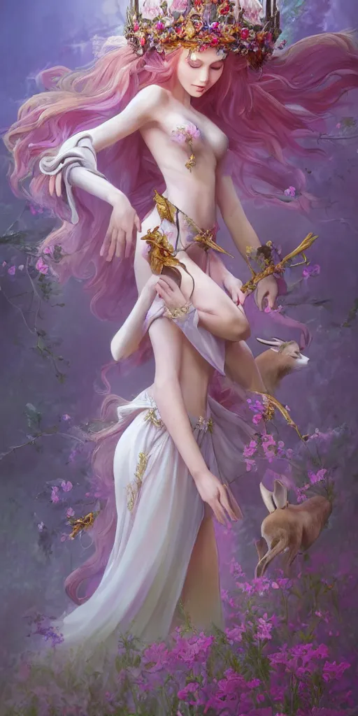 Image similar to A beautiful fantasy empress, full body, just one head, flower tiara, long hair, wearing dramatic aristocrat robe, delicate figure, field of fantasy flowers, foxes and deer, epic composition, ultra wide-shot, dynamic pose, concept art, dramatic lighting, digital painting, smooth, character design, sharp focus, elegant, intricate, trending on artstation, by WLOP and James Jean and Victo Ngai