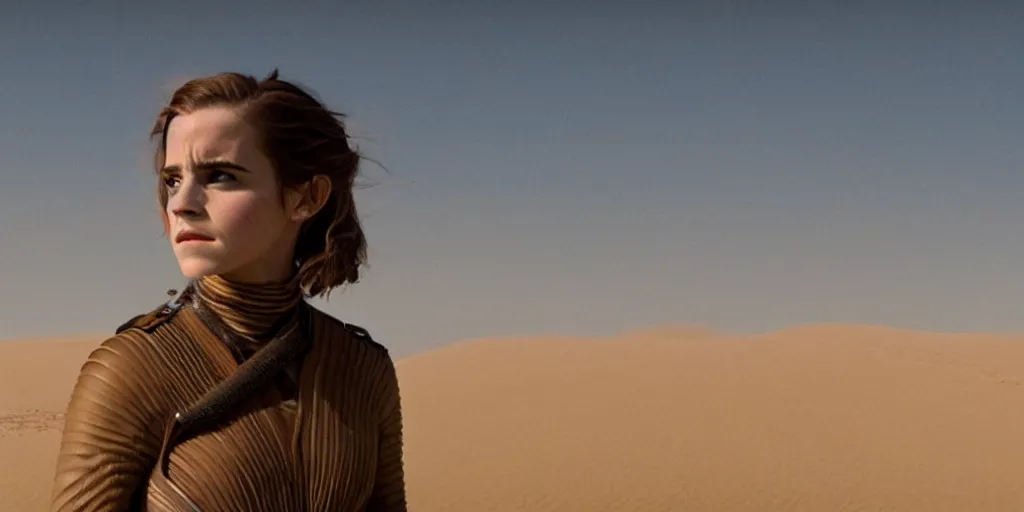 Prompt: Movie Still of Emma Watson in Dune (2021), landscape, endless sea of desert, 4k, cinematic