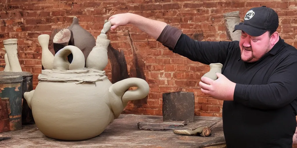 Image similar to johnny vegas making a very large clay teapot, art school, studio, wet clay, photorealistic, interview, stand up comedy, audience, stage