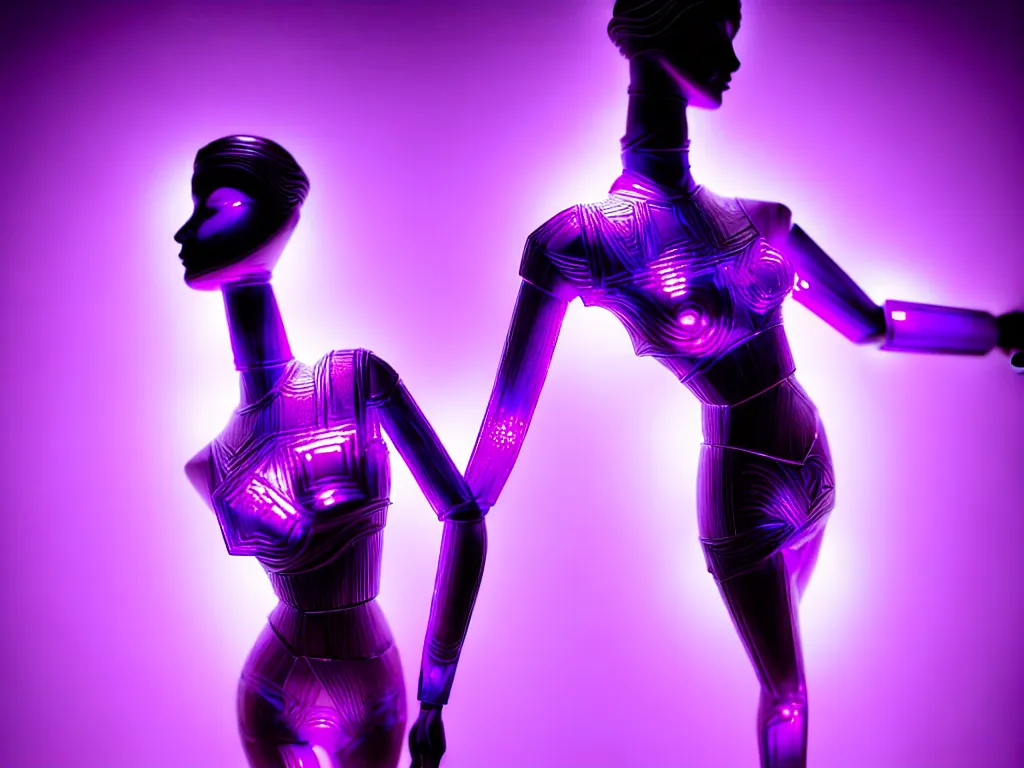 Image similar to beautiful mannequin sculpted out of amethyst by billelis + lit with purple 3 d geometric neon + chrome geometric cubed bonsai plants!!!!, doorway opening with neon pink geometric light, clean linework, dramatic, finely detailed, rule of thirds, moody, confident, award winning, 4 k, trending on artstation, photorealistic, volumetric lighting, octane render