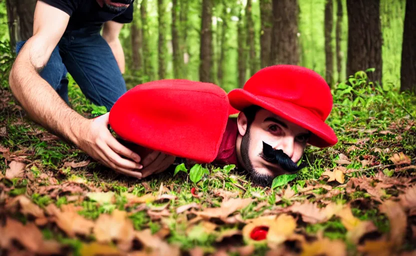 Image similar to italian man with a mustache dressed as mario wearing a solid red mario hat, crawling on the ground, eyes rolled back, licking a red mushroom with white spots, in a forest, photography, 5 0 mm lens, f 1. 8