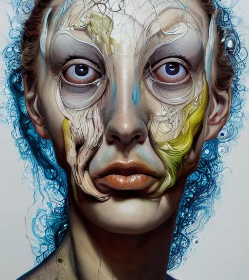 Prompt: strange surrealist, looming, biomorphic portrait of a woman with large eyes painted by dali, marco mazzoni, james jean, charlie immer and jenny saville, fluid acrylic, airbrush art, timeless disturbing masterpiece