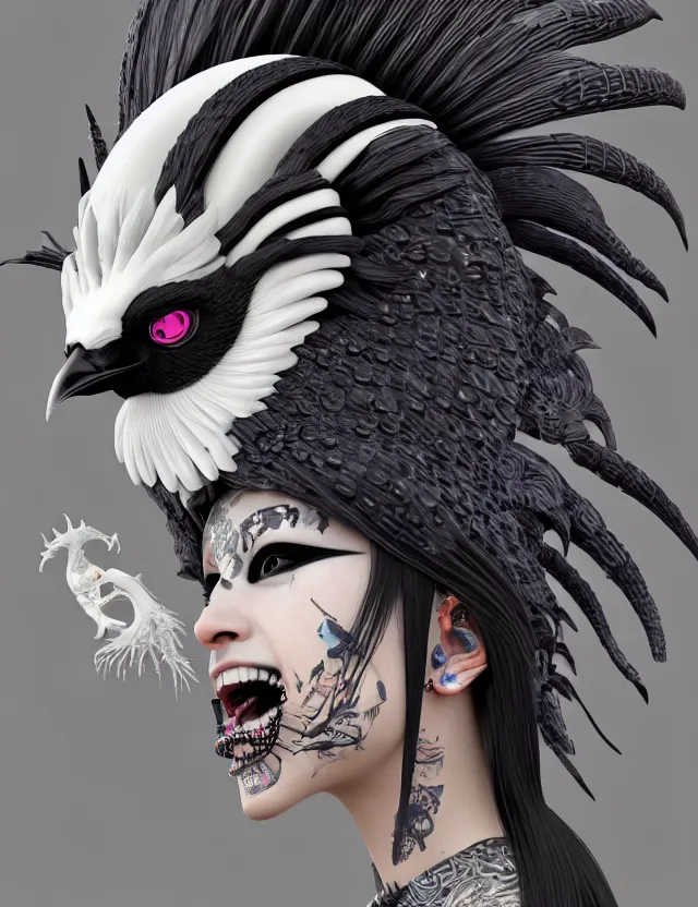 Image similar to 3 d goddess close - up profile portrait punk with mohawk with ram skull. beautiful intricately detailed japanese crow kitsune mask and clasical japanese kimono. betta fish, jellyfish phoenix, bio luminescent, plasma, ice, water, wind, creature, artwork by tooth wu and wlop and beeple and greg rutkowski