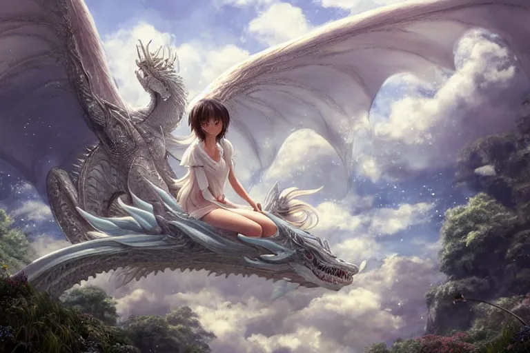 Image similar to the beautiful hyper detailed big scene render that a beautiful girl sitting on the back of a huge silver white dragon alone in fairyland surrounded by white clouds, finely detailed angelic face delicate features, style of studio ghibli, makoto shinkai, raphael lacoste, artgerm, karol bak, kazuki tanahashi, james jean, ross tran, ultra wide angle