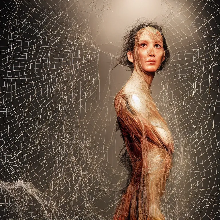 Image similar to octane render portrait by wayne barlow and carlo crivelli and glenn fabry and salvador dali and wes anderson, a beautiful woman in a long flowing dressed trapped caught inside a giant spider web stretching between buildings in a scenic european city, ray traced lighting, very short depth of field, bokeh