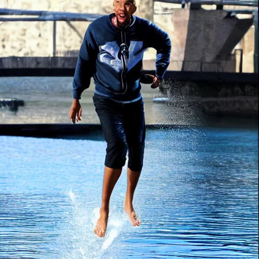Image similar to will smith skipping over a river