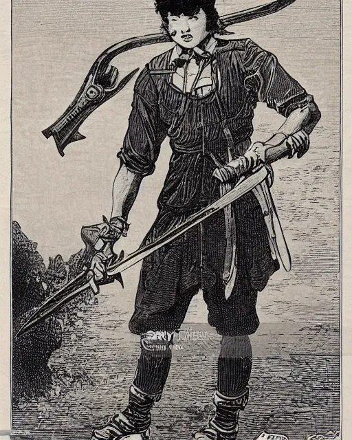 Prompt: 19th century wood-engraving of Ryūko Matoi cosplayer holding Scissor Blade, whole page illustration from Jules Verne book, art by Édouard Riou Jules Férat and Henri de Montaut, frontal portrait, high quality, beautiful, highly detailed, removed watermarks