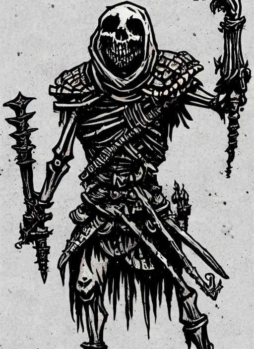 Image similar to concept art of a simple skeleton warrior in darkest dungeon, highly detailed, dark atmosphere, cosmic horror, body horror, lovecraft mythos, key character poster