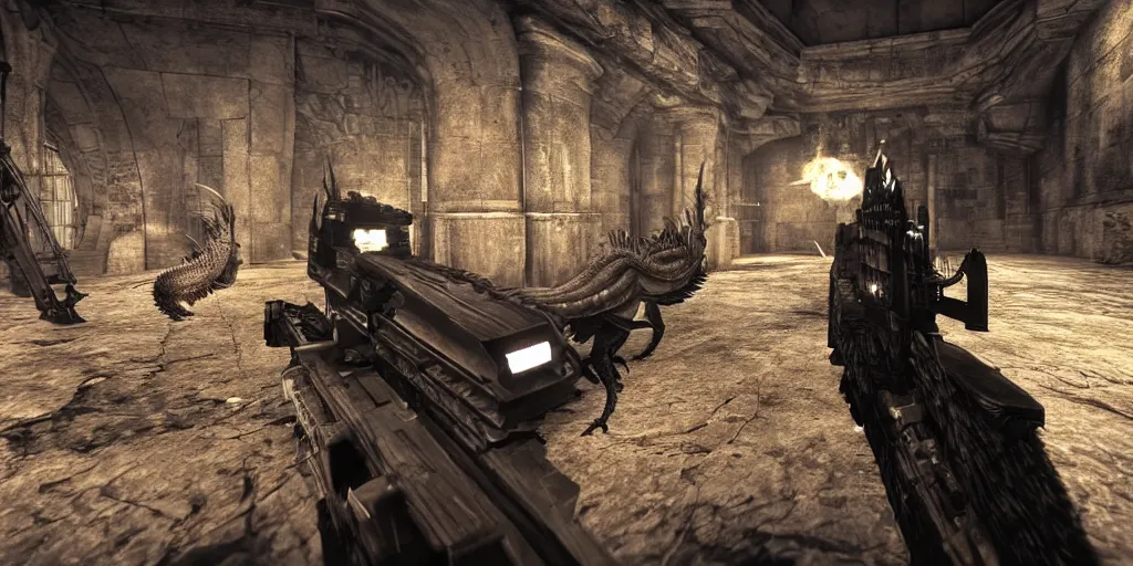 Prompt: Gameplay footage of a first person game with the player shooting a creepy grotesque dragon, designed by H.R Giger and Kojjima, amazing graphics