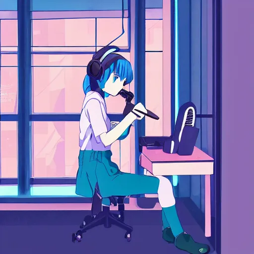 Image similar to high definition anime portrait of a pastel blue haired anime girl sitting at a desk studying with headphones on, background is a window looking out into a busy Tokyo district, lo-fi art, by Studio Ghibli, trending on artstation, sharp high quality anime, digital art, photoshop, proportionate, ambient lighting