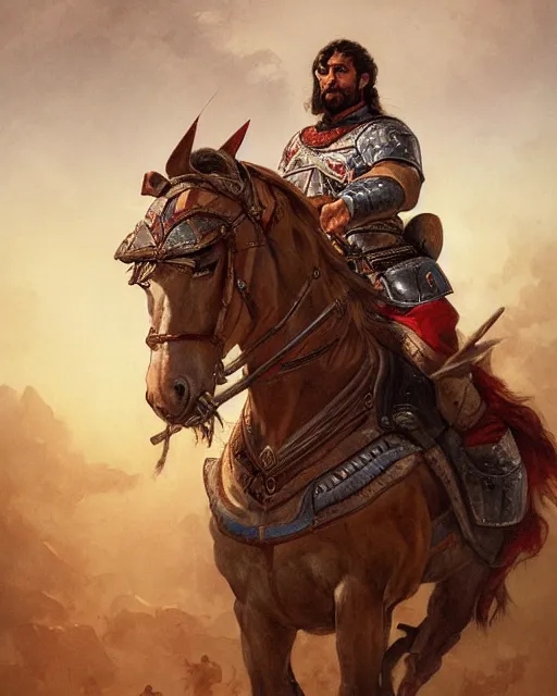 Image similar to portrait of a spanish conquistador in battle riding a horse, by daniel zrom and greg rutkowski, facial features, handsome
