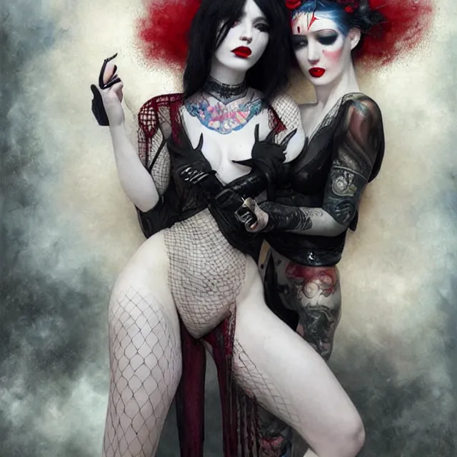 Image similar to two beautiful pale skin girls trapped chain cosplay with black hair in fully tattooed body and fishnet clothes fully on, rye slavery style, beautiful detailed face, white face makeup, big red lips, black eye makeup, masterpiece, trending, art by artgem and wlop and karol bak and gennady ulybin and stanley lau and magali villeneuve