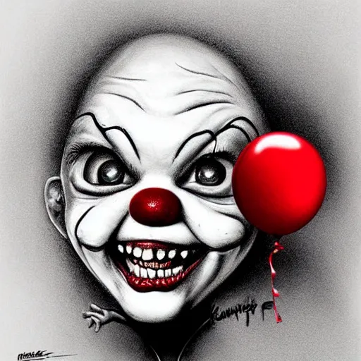 Image similar to surrealism grunge cartoon portrait sketch of chucky with a wide smile and a red balloon by - michael karcz, loony toons style, pennywise style, horror theme, detailed, elegant, intricate