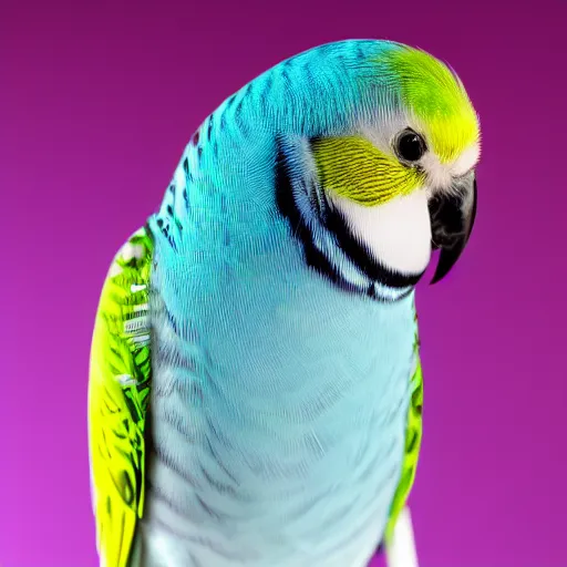 Prompt: budgie studio portrait, 5 0 mm prime lens, 1 0 0 iso, purple background