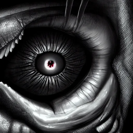 Image similar to a close up image of an eye of the watcher, eerie, black color scheme, horror, artstation, cgsociety