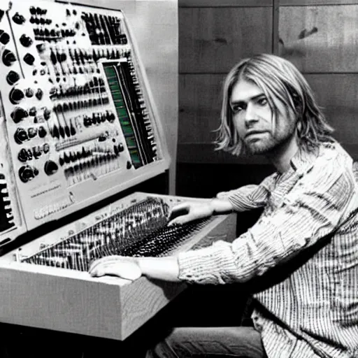Prompt: kurt cobain playing a modular synthesizer with colorful wires