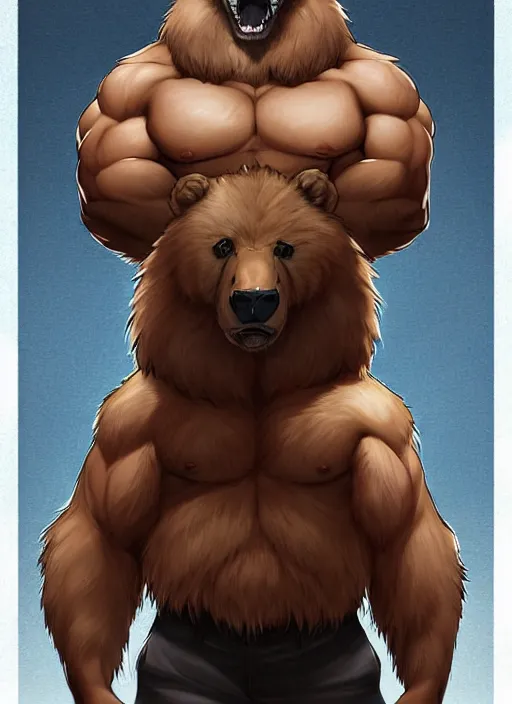 Prompt: award winning beautiful portrait commission art of a muscular male furry anthro grizzly bear fursona with a cute beautiful attractive detailed furry face wearing gym shorts and a tanktop at the gym. Character design by charlie bowater, ross tran, artgerm, and makoto shinkai, detailed, inked, western comic book art