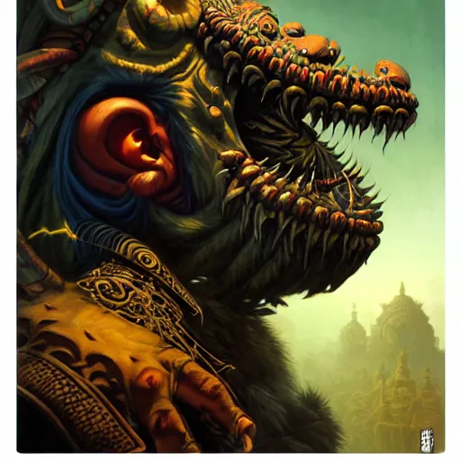 Image similar to side profile of barong family member, wiwek, mara demon, one single tribe member, jungle, one single mask, dark, ancient warrior, gorilla, lizard, tribal, inner glow, paint by peter mohrbacher and dan mumford and justin gerard